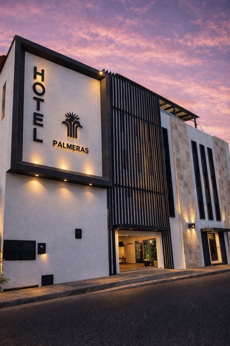 Fachada de Hotel Palmeras al atardecer, en el centro de Cabo San Lucas