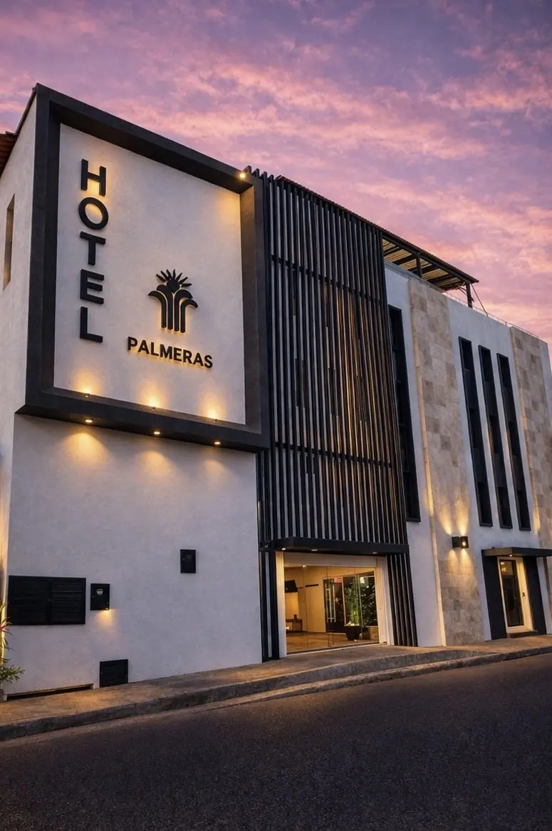 Fachada de Hotel Palmeras al atardecer, en el centro de Cabo San Lucas